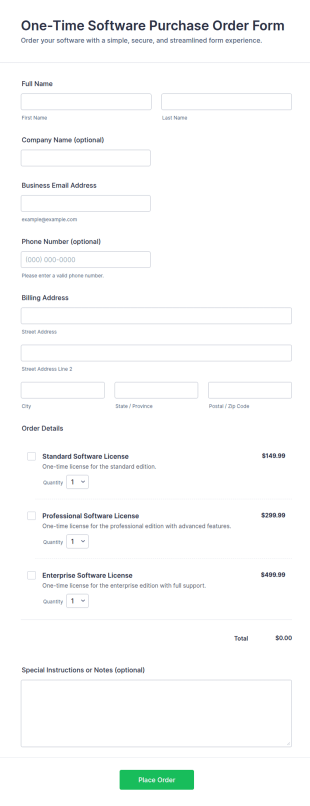 One Time Software Purchase Order Form Template