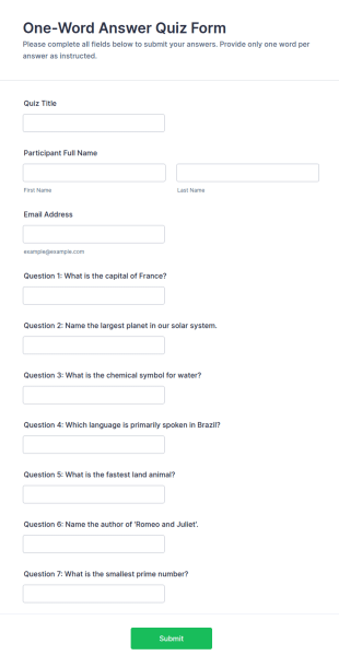 One Word Answer Quiz Form Template