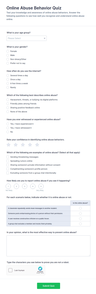 Online Abuse Behavior Quiz Form Template