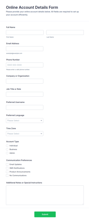 Online Account Details Form Template