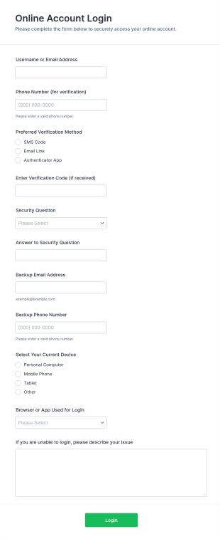 Online Account Login Form Template