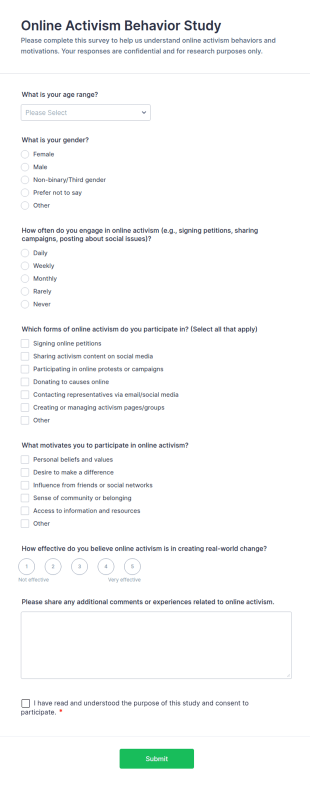 Online Activism Behavior Study Form Template