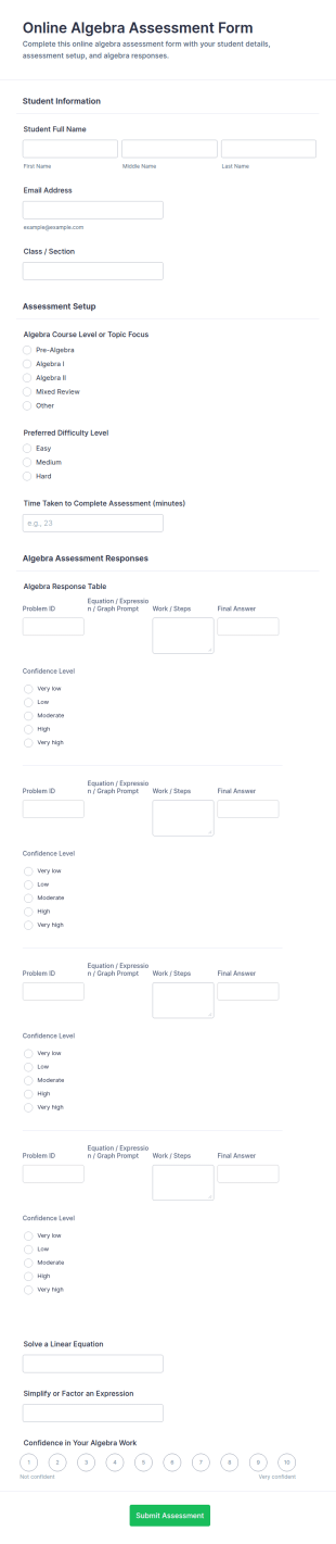 Online Algebra Assessment Form Template