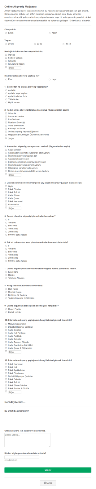 Online Alışveriş Anketi Form Şablonu