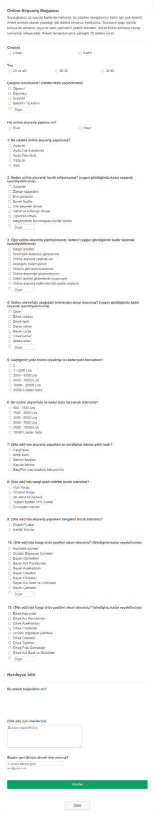 Online Alışveriş Form Şablonu