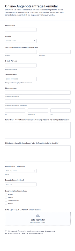 Online Angebotsanfrage Formular