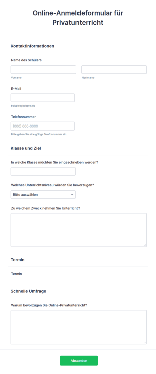 Online Anmeldeformular Für Privatunterricht