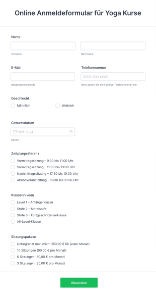 Online Anmeldeformular Für Yoga Kurse Form Template