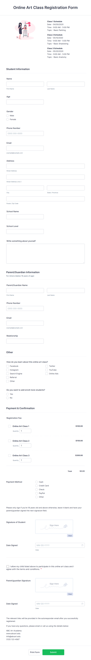 Online Art Class Registration Form Template
