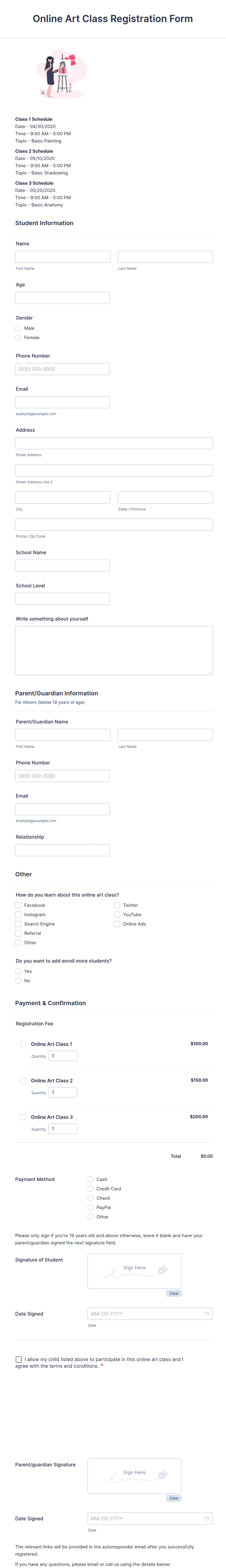 Online Art Class Registration Form Template | Jotform