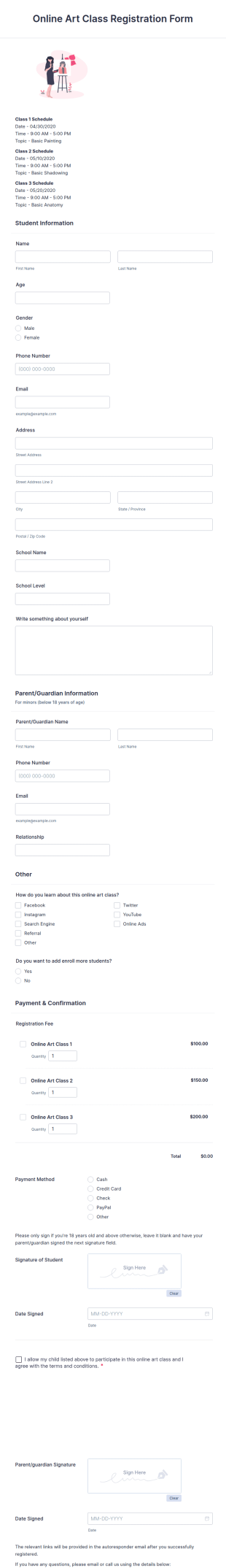Online Art Class Registration Form Template