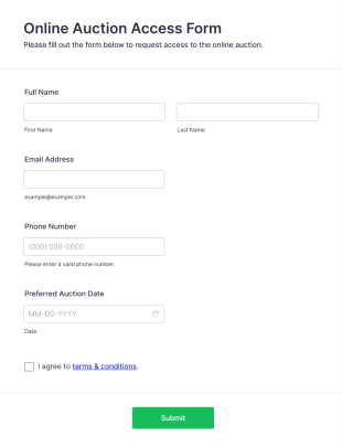 Online Auction Access Form Template