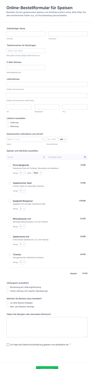 Online Bestellformular Für Speisen