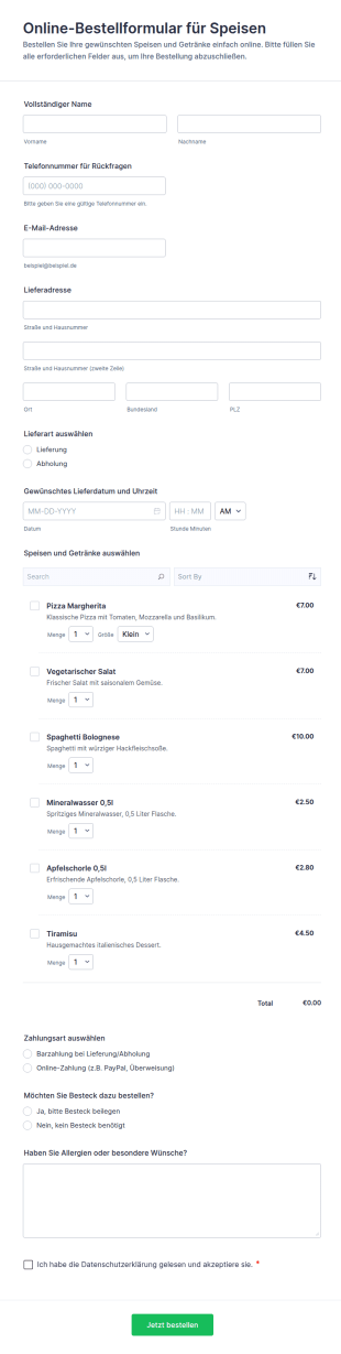 Online Bestellformular Für Speisen