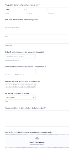 Online Bewerbung VA Form Template