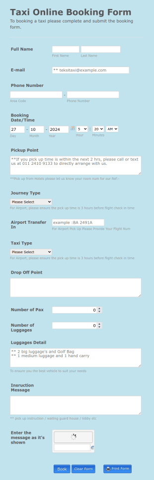 Taxi Online Booking Form Template