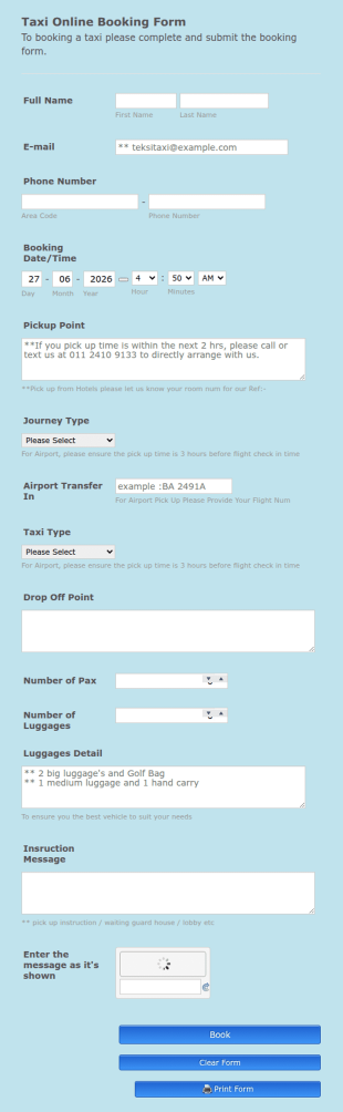 Taxi Online Booking Form Template