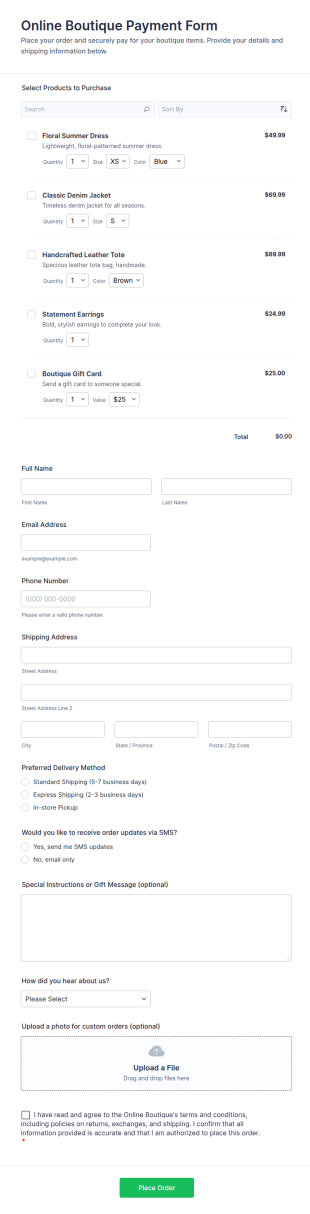 Online Boutique Payment Form Template