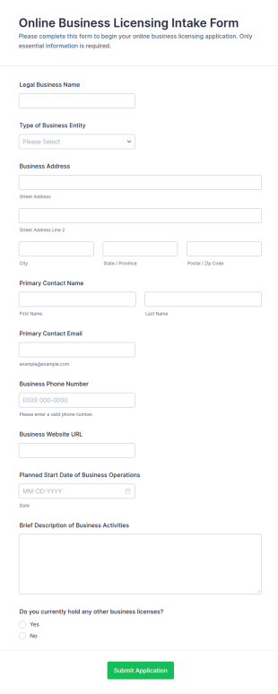 Online Business Licensing Intake Form Template