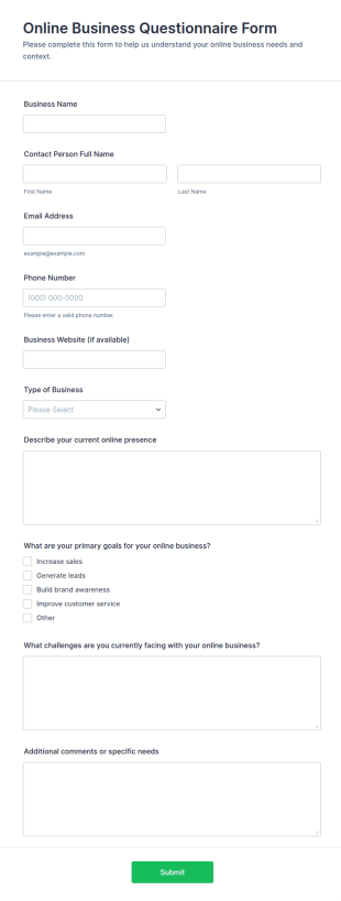 Online Business Questionnaire Form Template