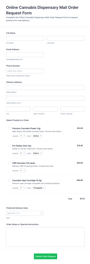Online Cannabis Dispensary Mail Order Request Form Template