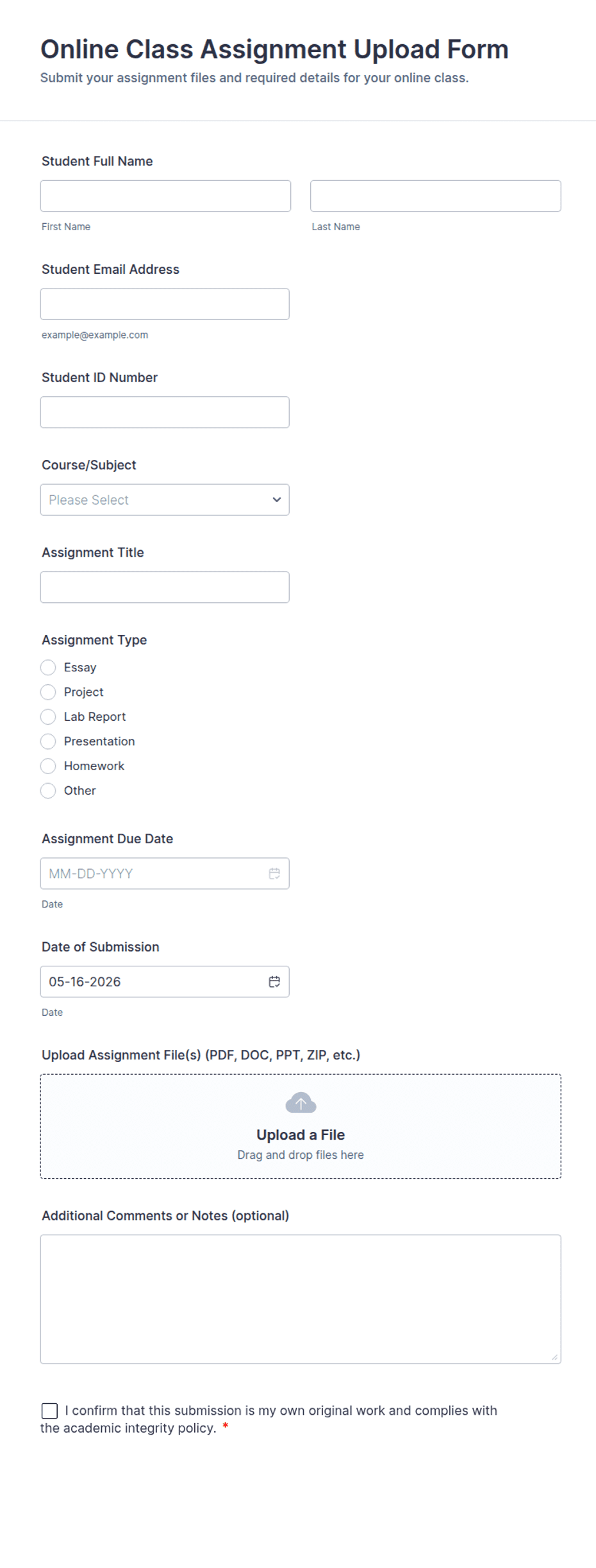 Online Class Assignment Upload Form Template | Jotform