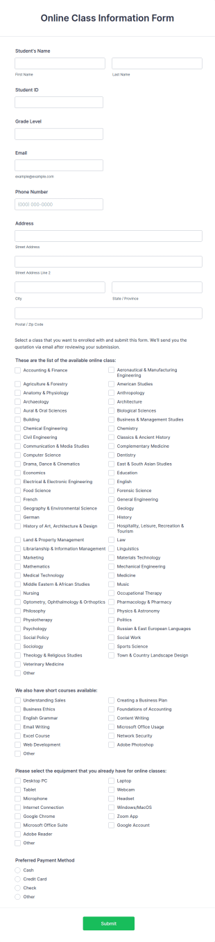 Online Class Information Form Template