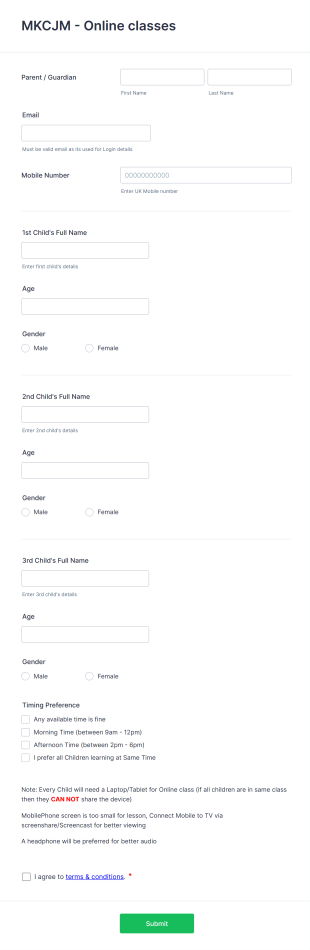 Online Class Quick Registration Form Template