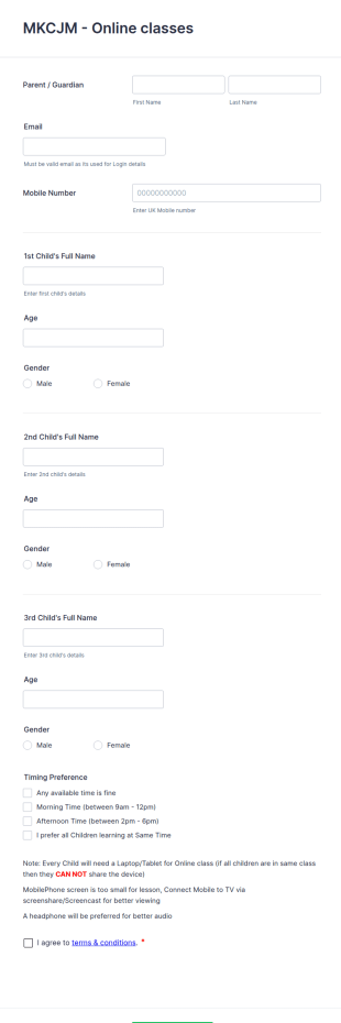 Online Class Quick Registration Form Template