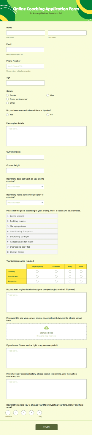 Online Coaching Application Form Template