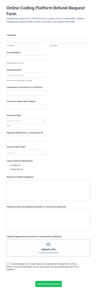 Online Coding Platform Refund Request Form Template
