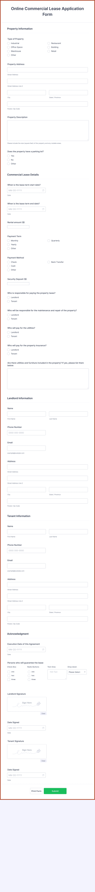 Online Commercial Lease Application Form Template