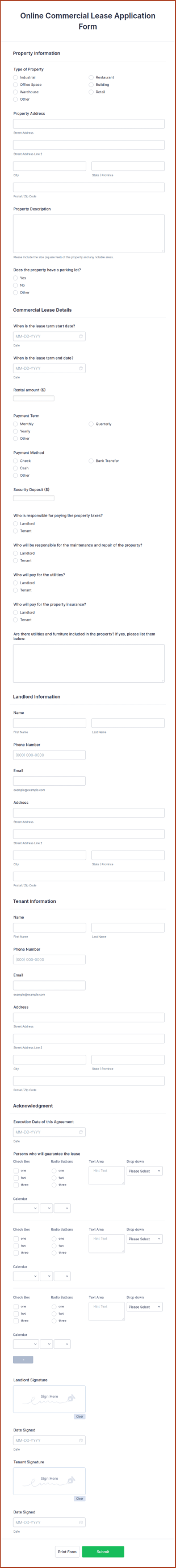 Online Commercial Lease Application Form Template