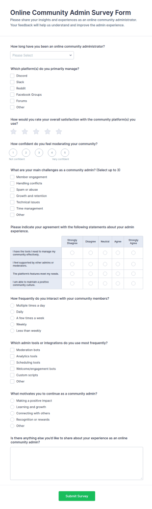 Online Community Admin Survey Form Template