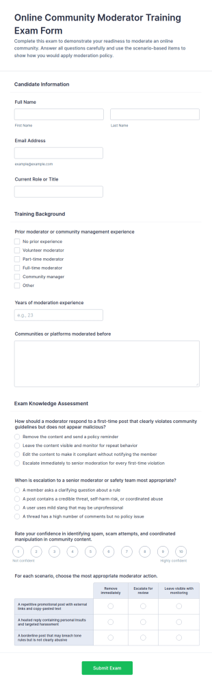 Online Community Moderator Training Exam Form Template