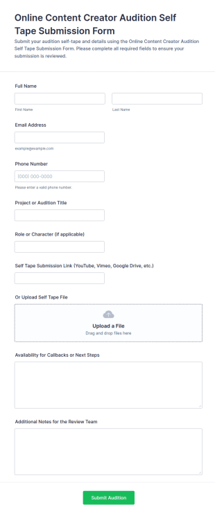 Online Content Creator Audition Self Tape Submission Form Template