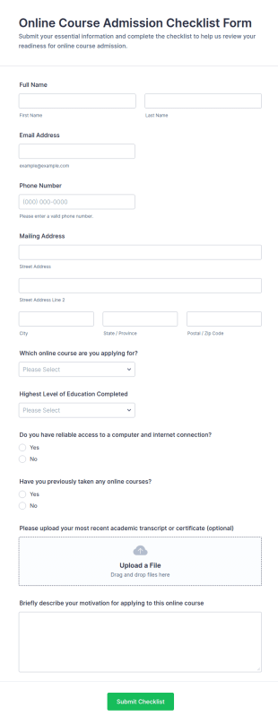 Online Course Admission Checklist Form Template