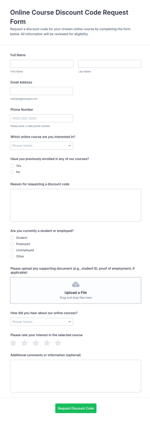 Online Course Discount Code Request Form Template