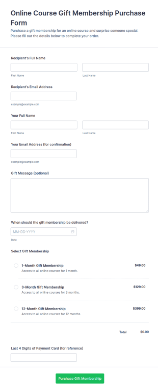 Online Course Gift Membership Purchase Form Template