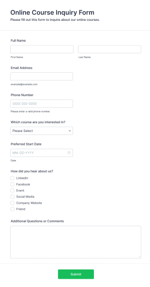 Online Course Inquiry Form Template