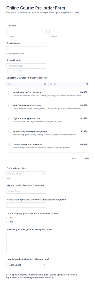 Online Course Pre Order Form Template