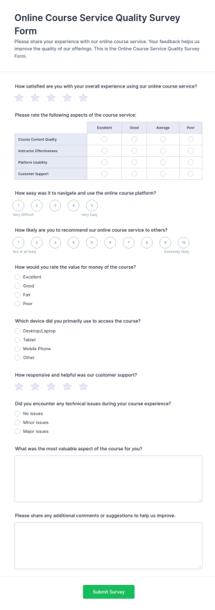 Online Course Service Quality Survey Form Template