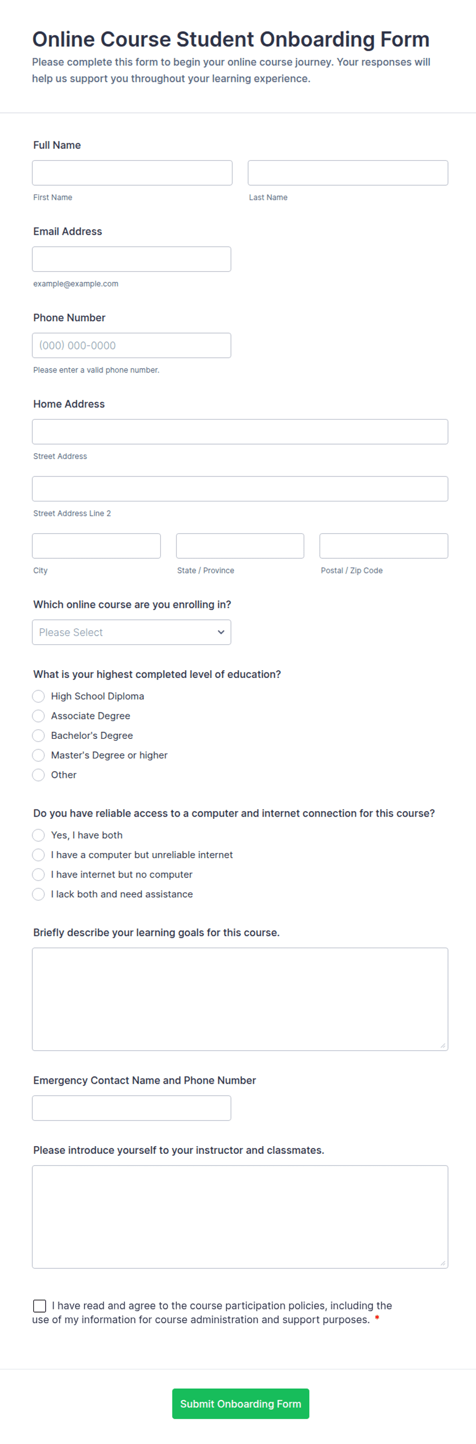 Online Course Student Onboarding Form Template | Jotform