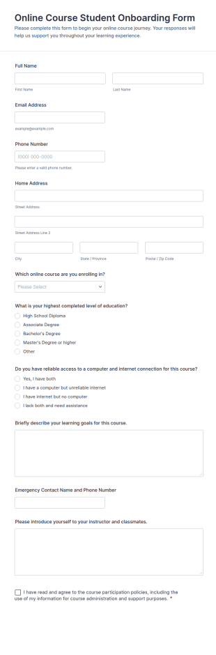 Online Course Student Onboarding Form Template