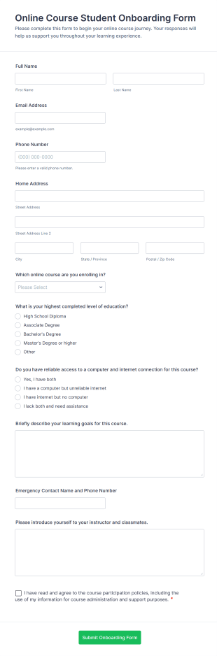 Online Course Student Onboarding Form Template