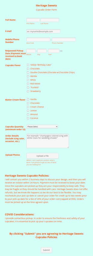Online Cupcake Order Form Template
