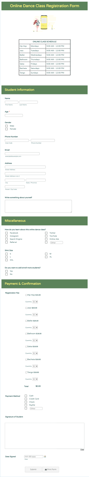 Online Dance Class Registration Form Template