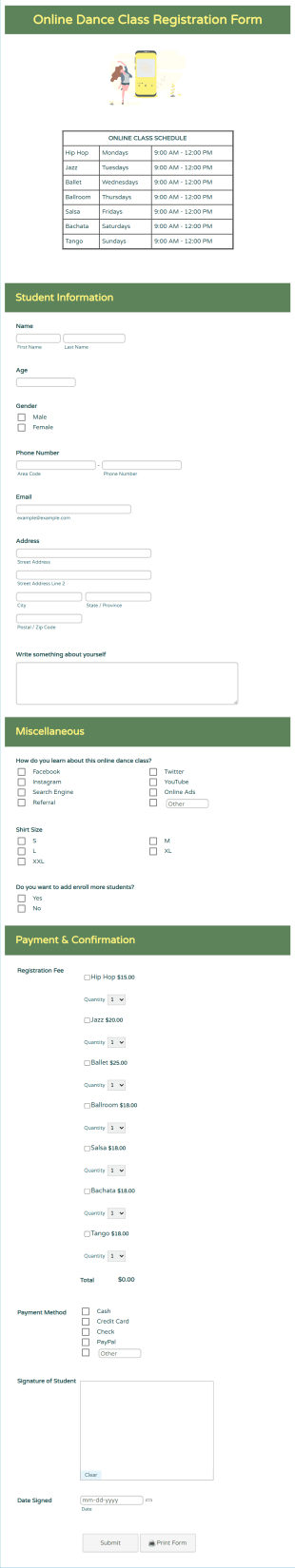 Online Dance Class Registration Form Template