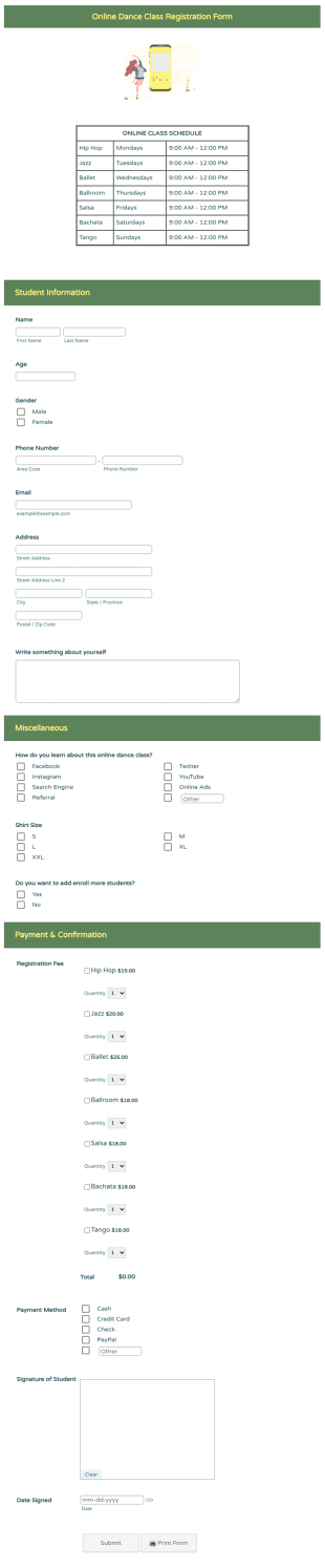 Online Dance Class Registration Form Template