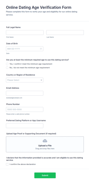 Online Dating Age Verification Form Template